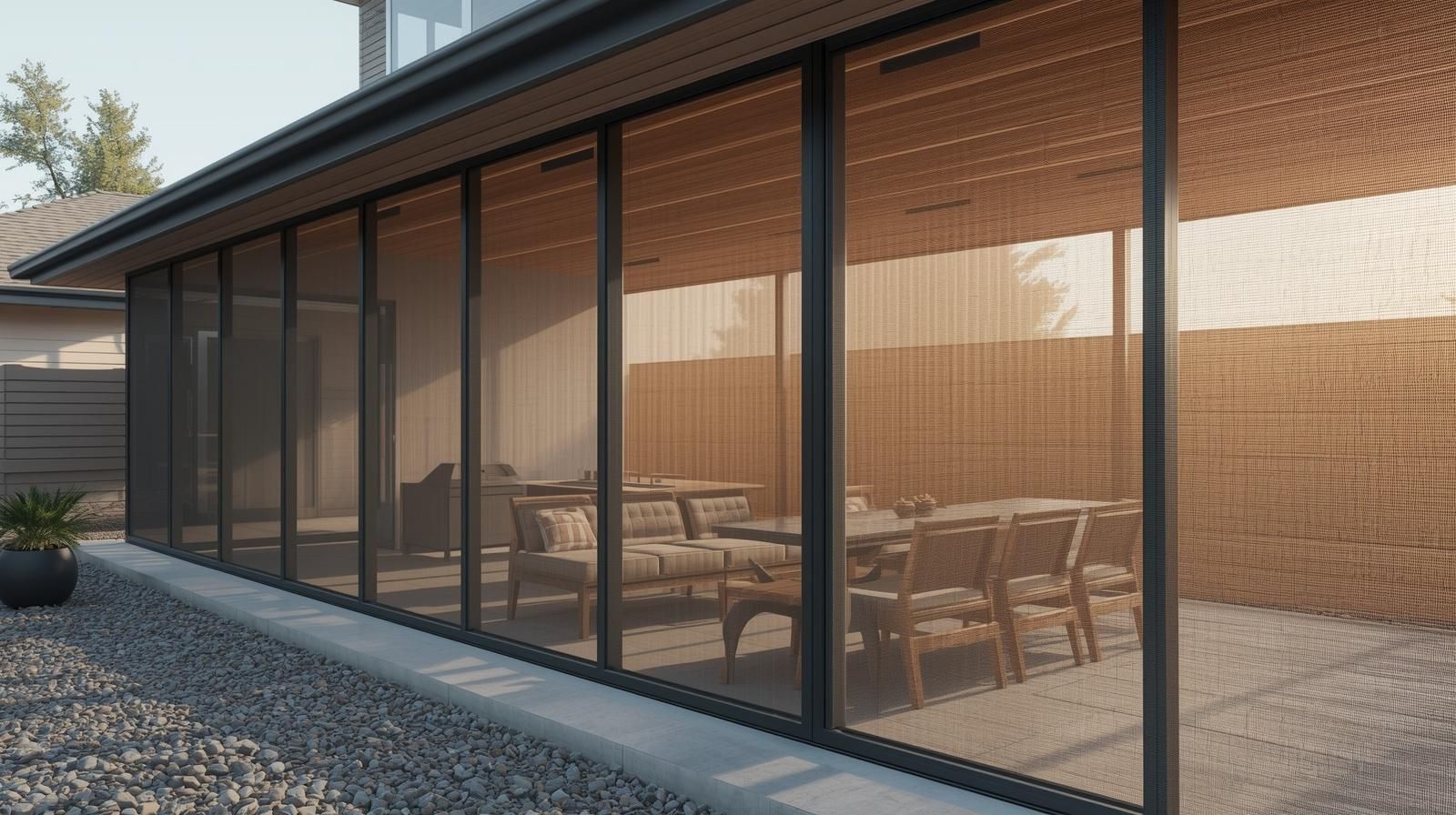Modern patio enclosed by black-framed glass sliding doors, featuring outdoor seating and dining furniture on a gravel base.