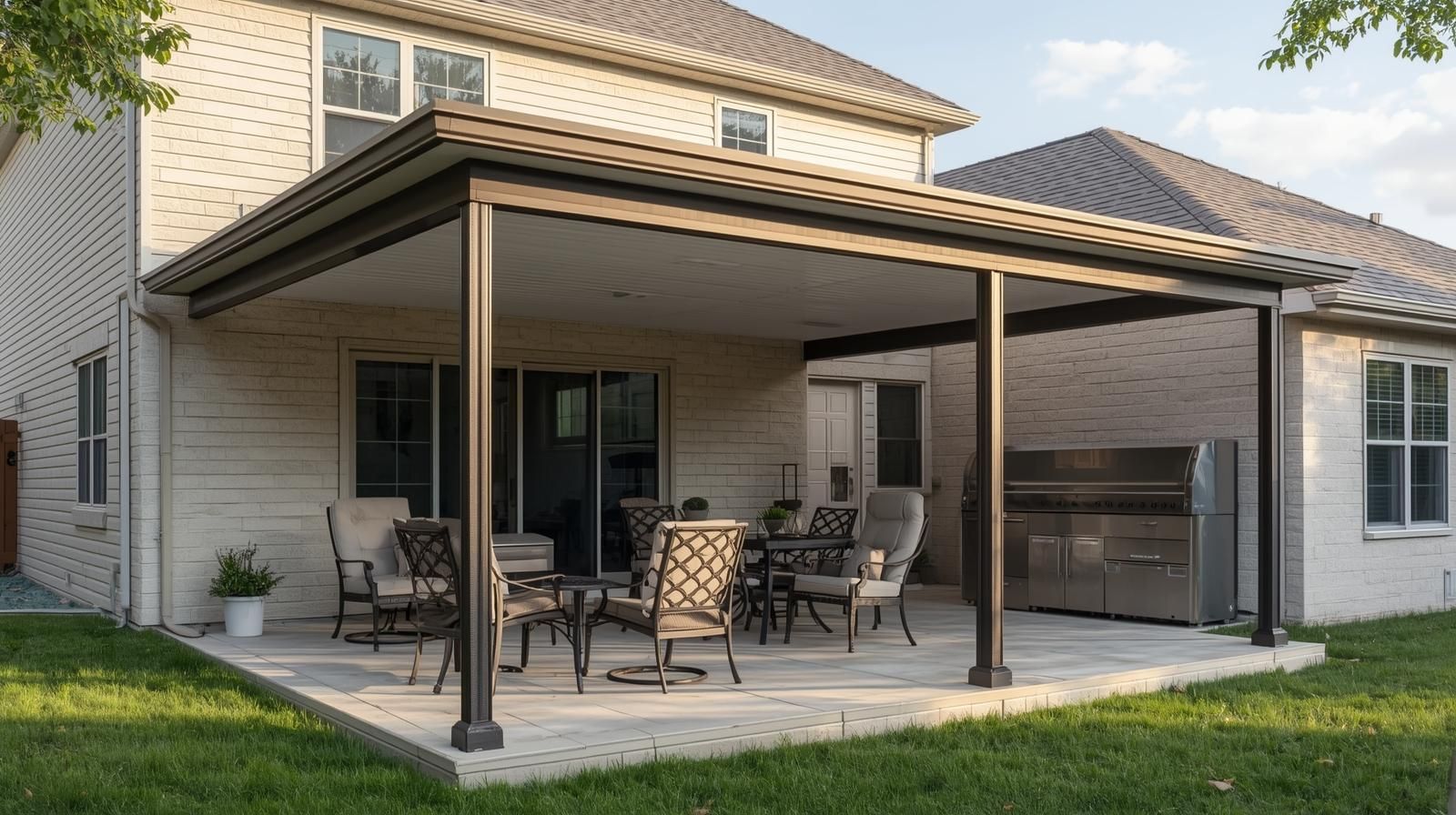 A patio with a dark metal roof structure, stone-paved floor, outdoor dining set, and a stainless steel grill.