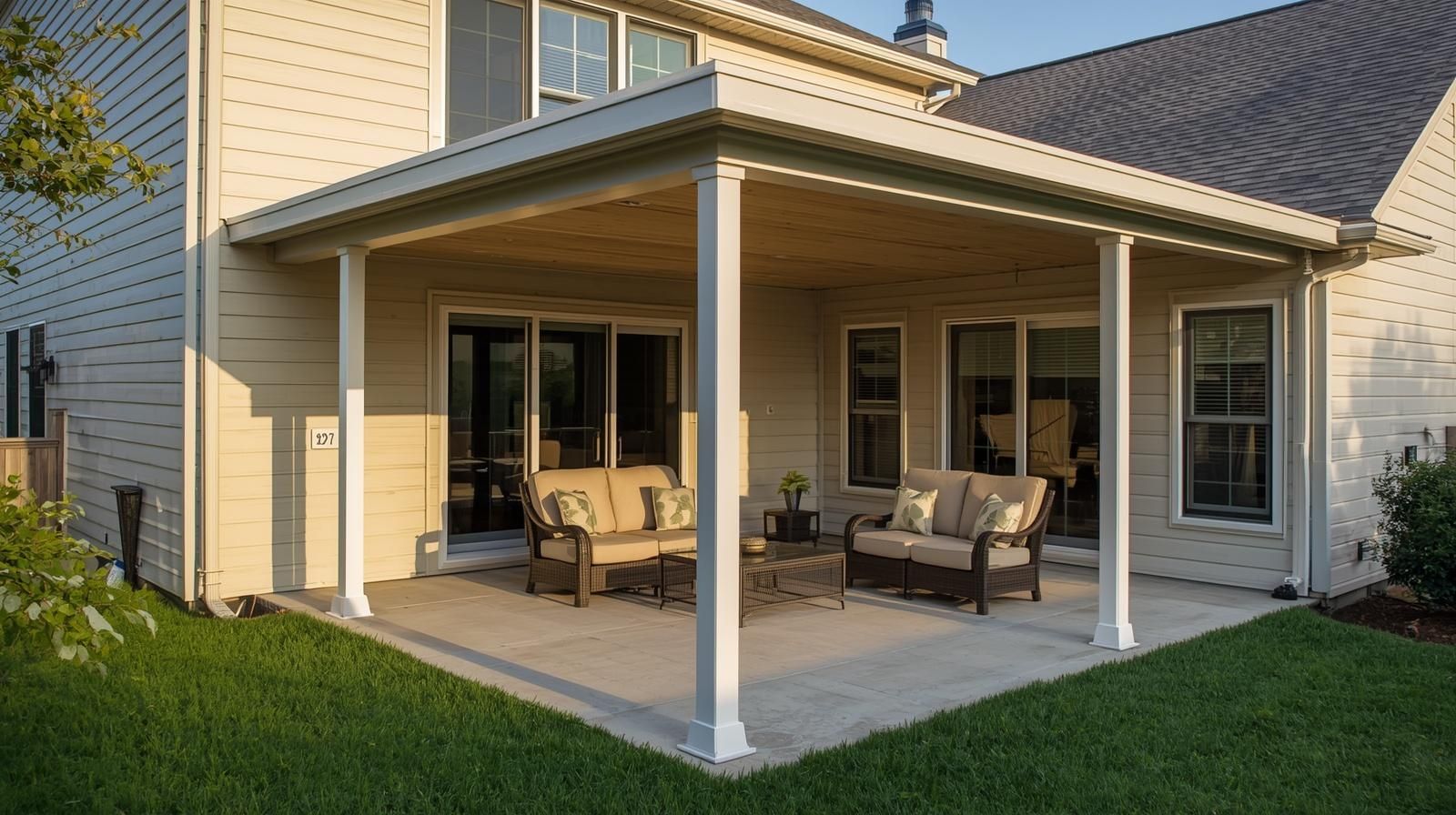 A beige house with a covered patio, featuring two outdoor sofas on a concrete floor and white support columns.