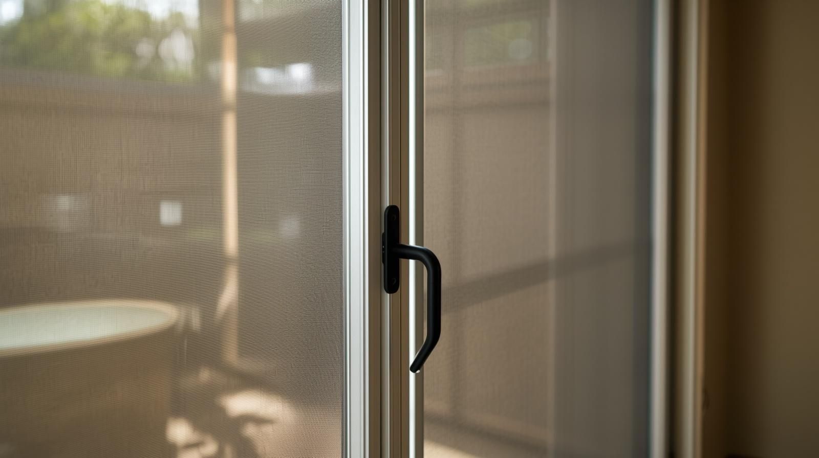 A silver-framed sliding screen door with a black handle, looking out onto a bright, blurry outdoor patio area.