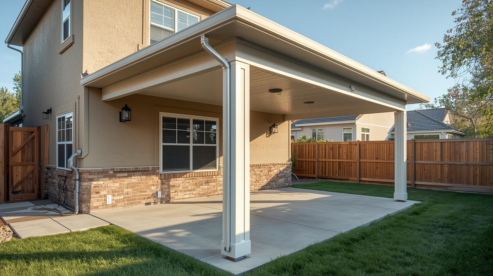A tan stucco house with stone siding featuring a covered patio, a concrete slab floor, and a wooden backyard fence.