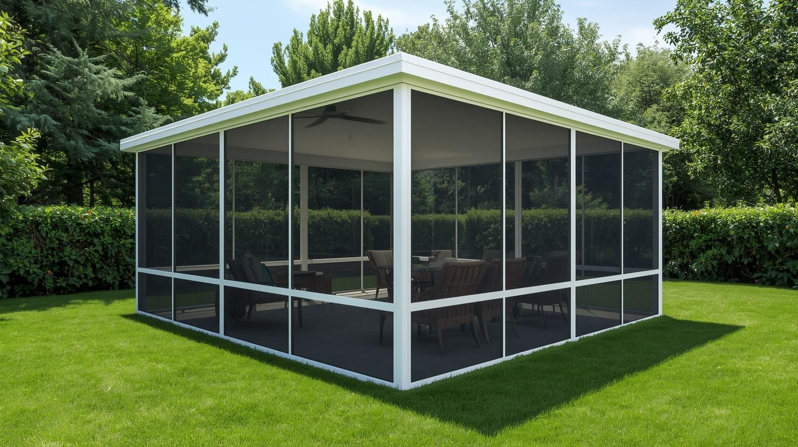 A white-framed, screened-in gazebo with a patio table set inside, placed on a green lawn surrounded by trees and hedges.