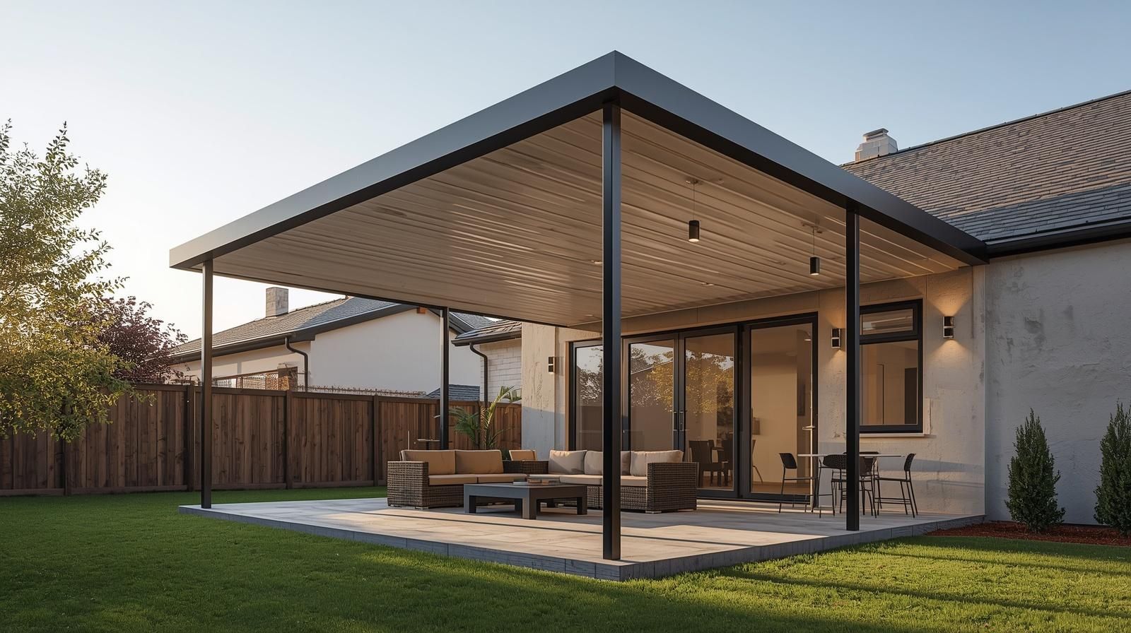 A covered patio with outdoor seating next to a house, featuring a light-colored stone floor and a dark metal frame.
