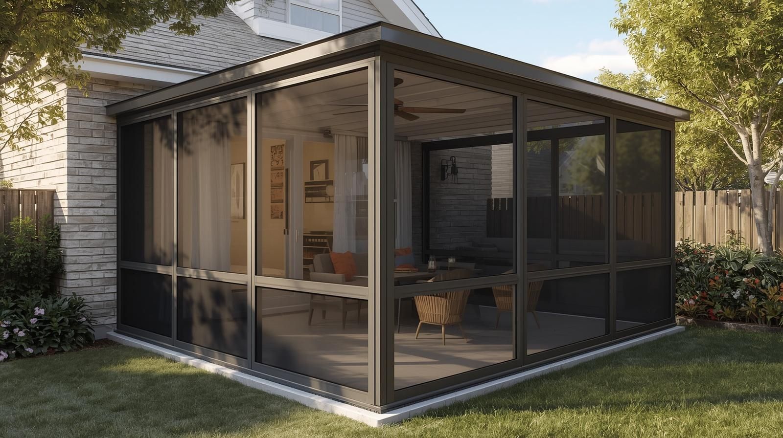 A screened-in patio addition with dark framing attached to the side of a house overlooking a backyard lawn.