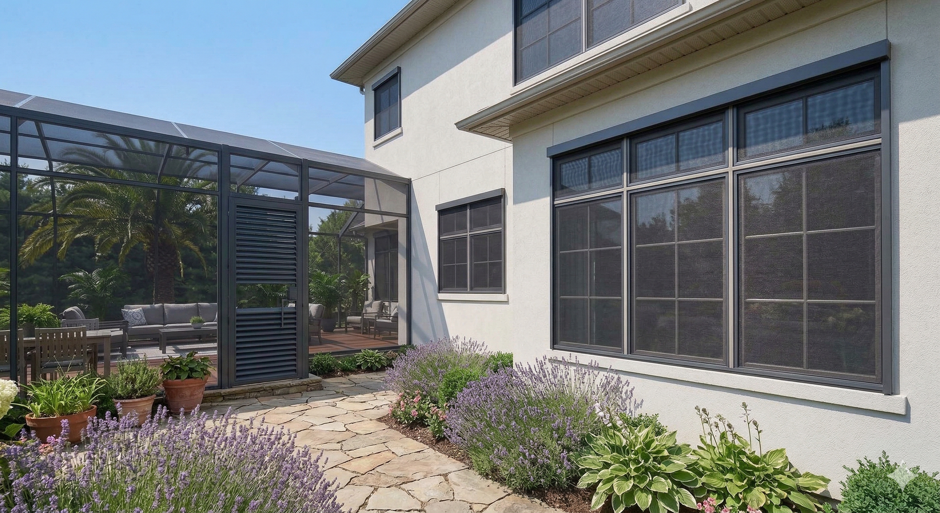 Stone walkway leads past lavender and shrubs toward a house with large dark-framed windows and a screened-in patio.
