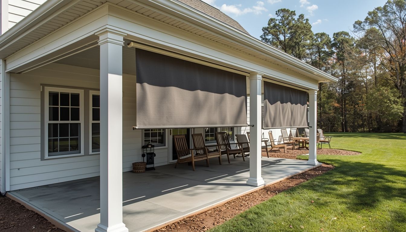 A dark gray vertical retractable awning mounted over a doorway on a light-colored stucco wall with a wall-mounted controller.