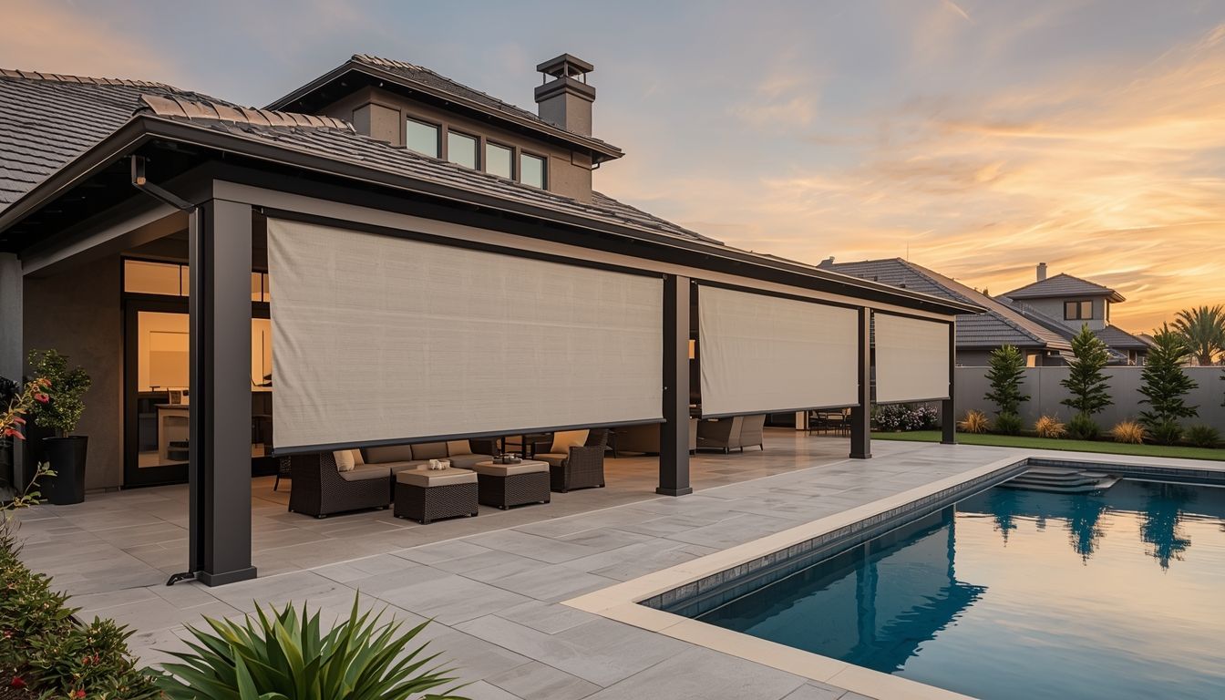A beige retractable patio awning extends from a house exterior, providing shade over a paved outdoor seating area.
