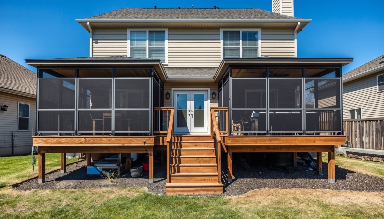 A modern covered patio with a dark wicker sofa, wooden slat wall, stone flooring, and potted plants.