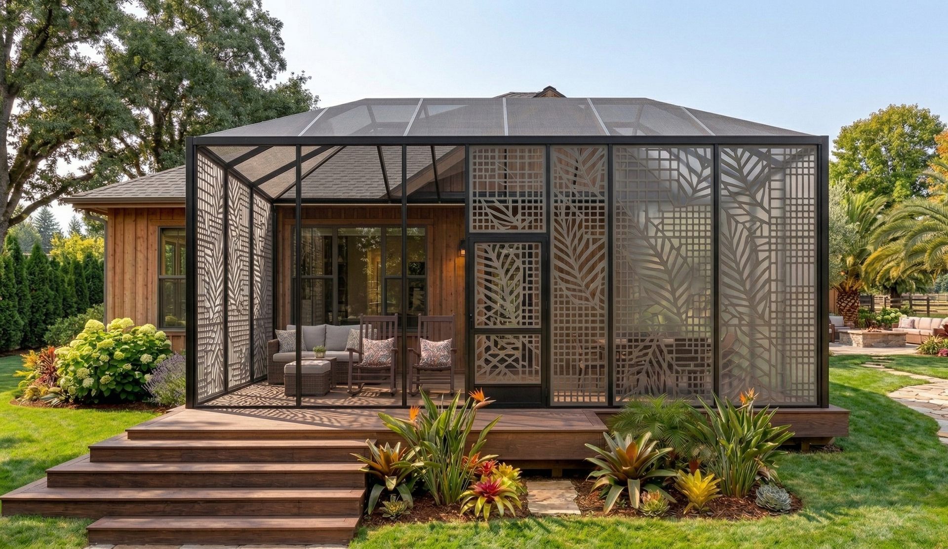 A garage with a horizontal slatted wooden door, set in a modern home exterior with nearby greenery.