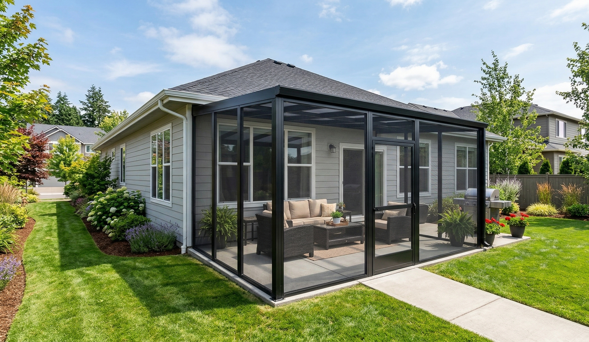 A view through a mesh screen onto a backyard with a grassy lawn, a wooden fence, and neighboring houses.