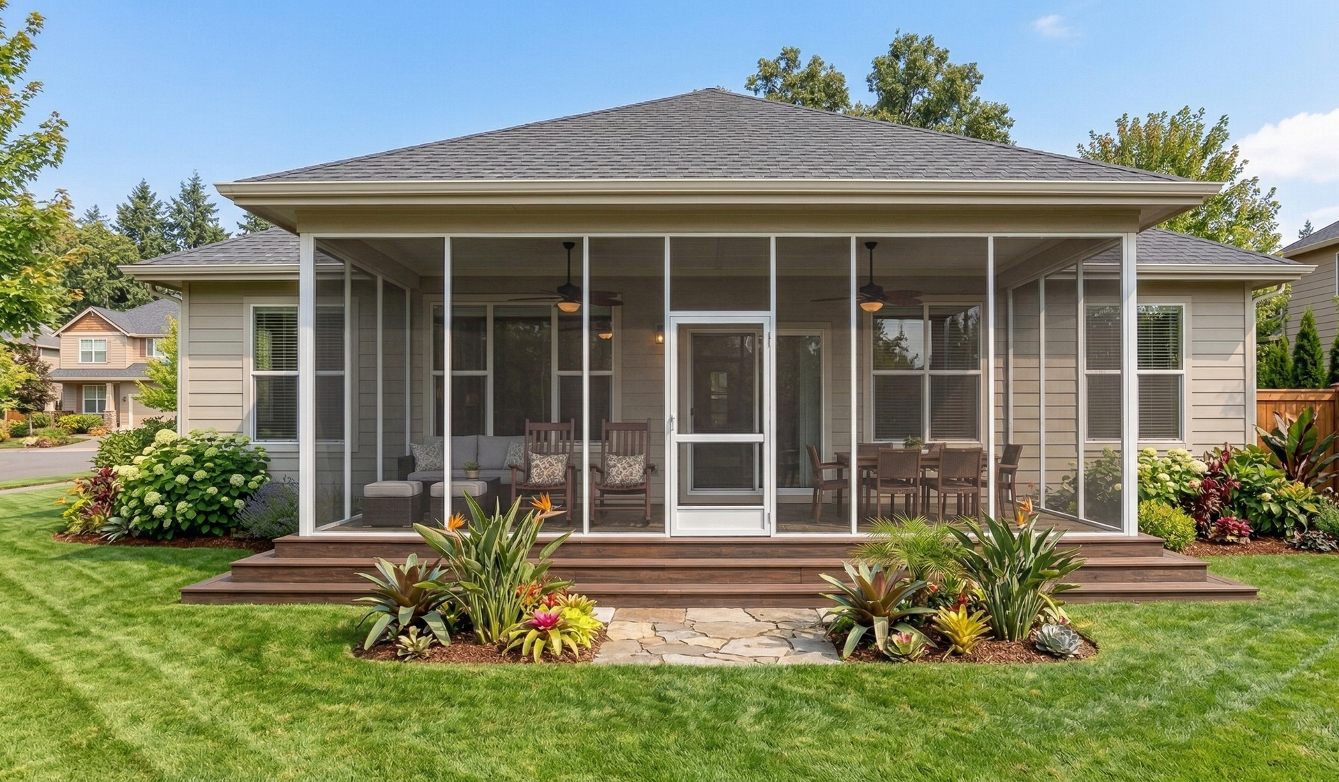 A screened-in porch with two wicker sofas facing each other around a coffee table, viewed from a residential backyard.