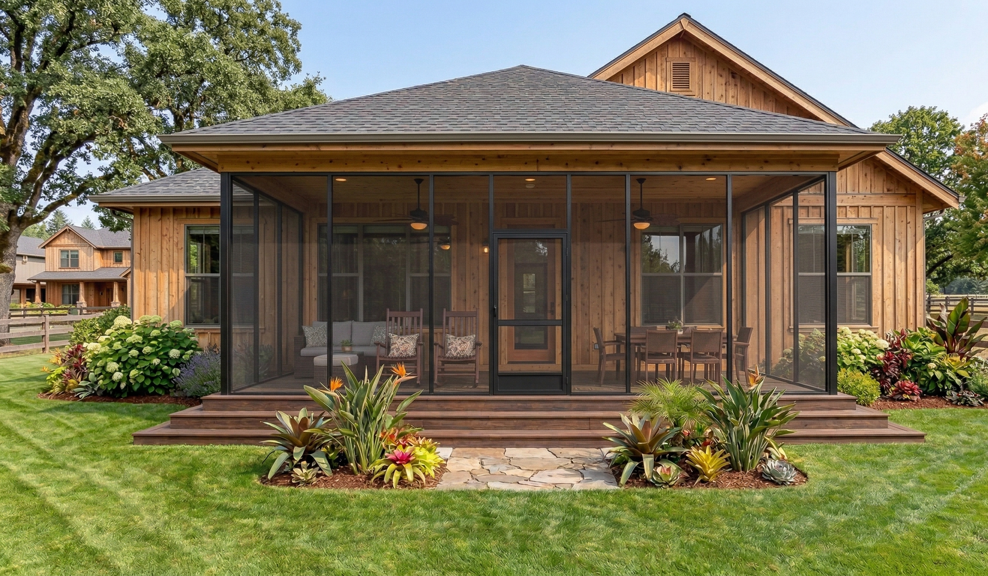 Wide white sliding glass doors with screens open to a furnished patio with chairs and a table.