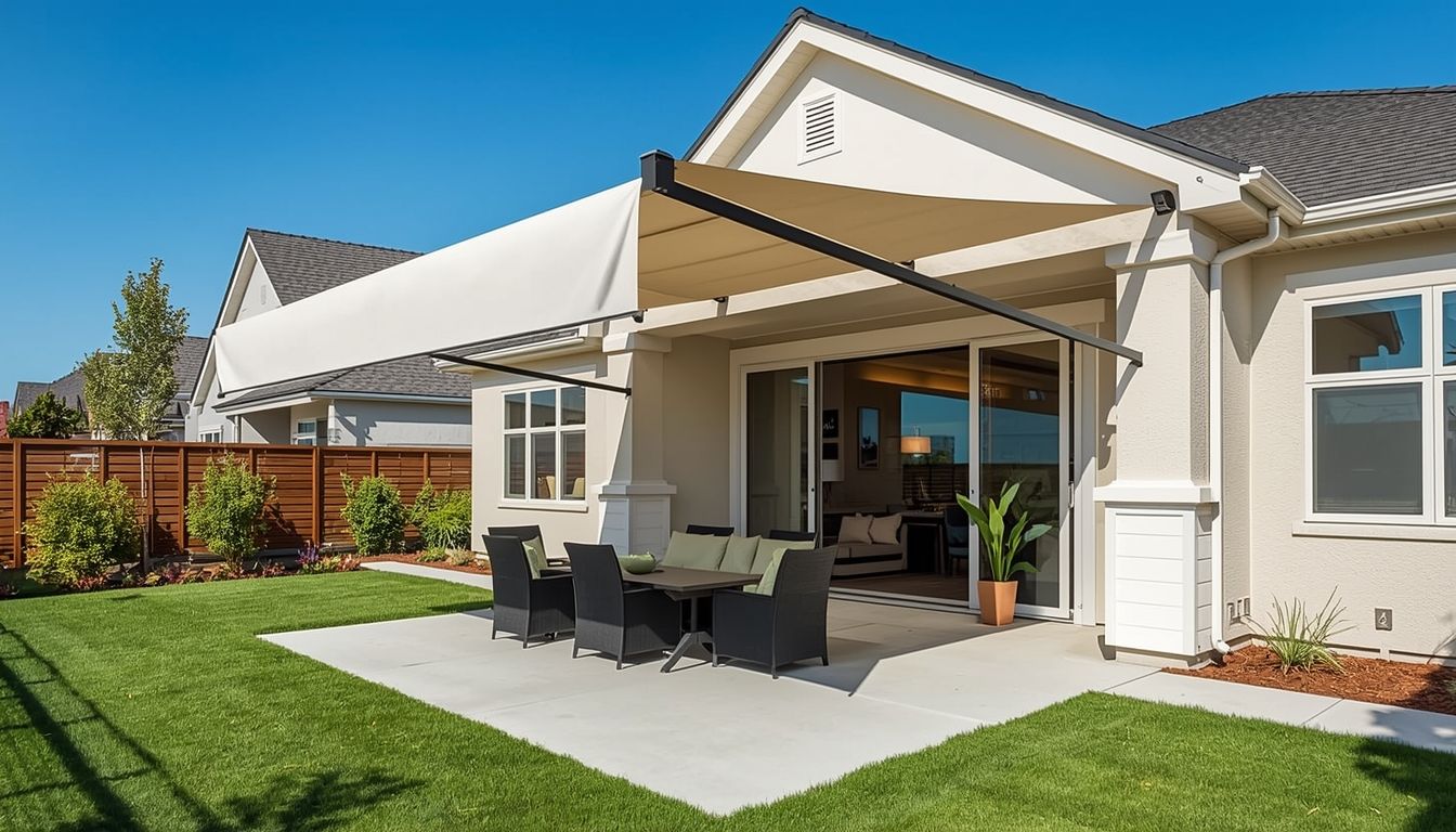 A beige retractable patio awning attached to a house and a wooden post over a dining table on a stone patio.