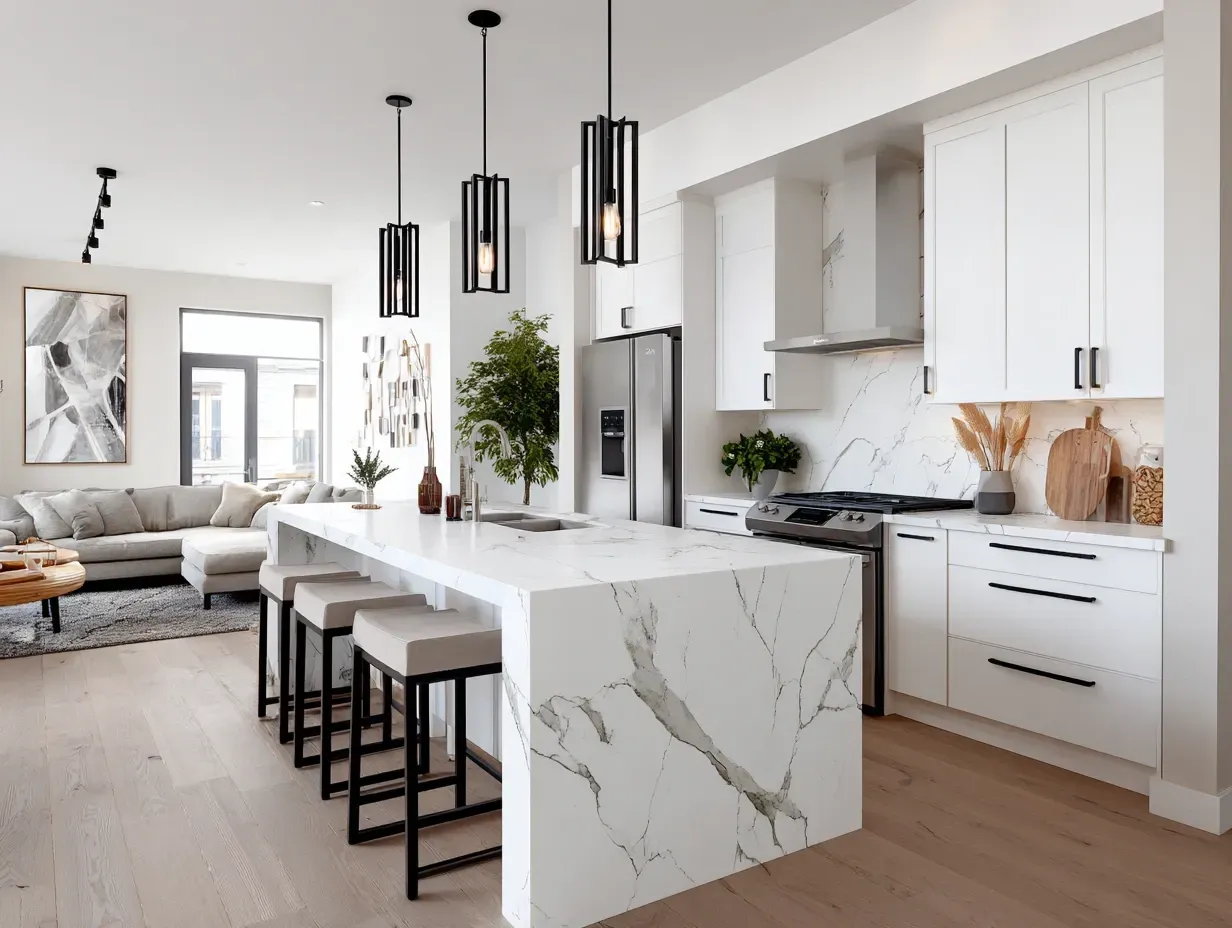 Modern white kitchen with marble island and black pendant lights.
