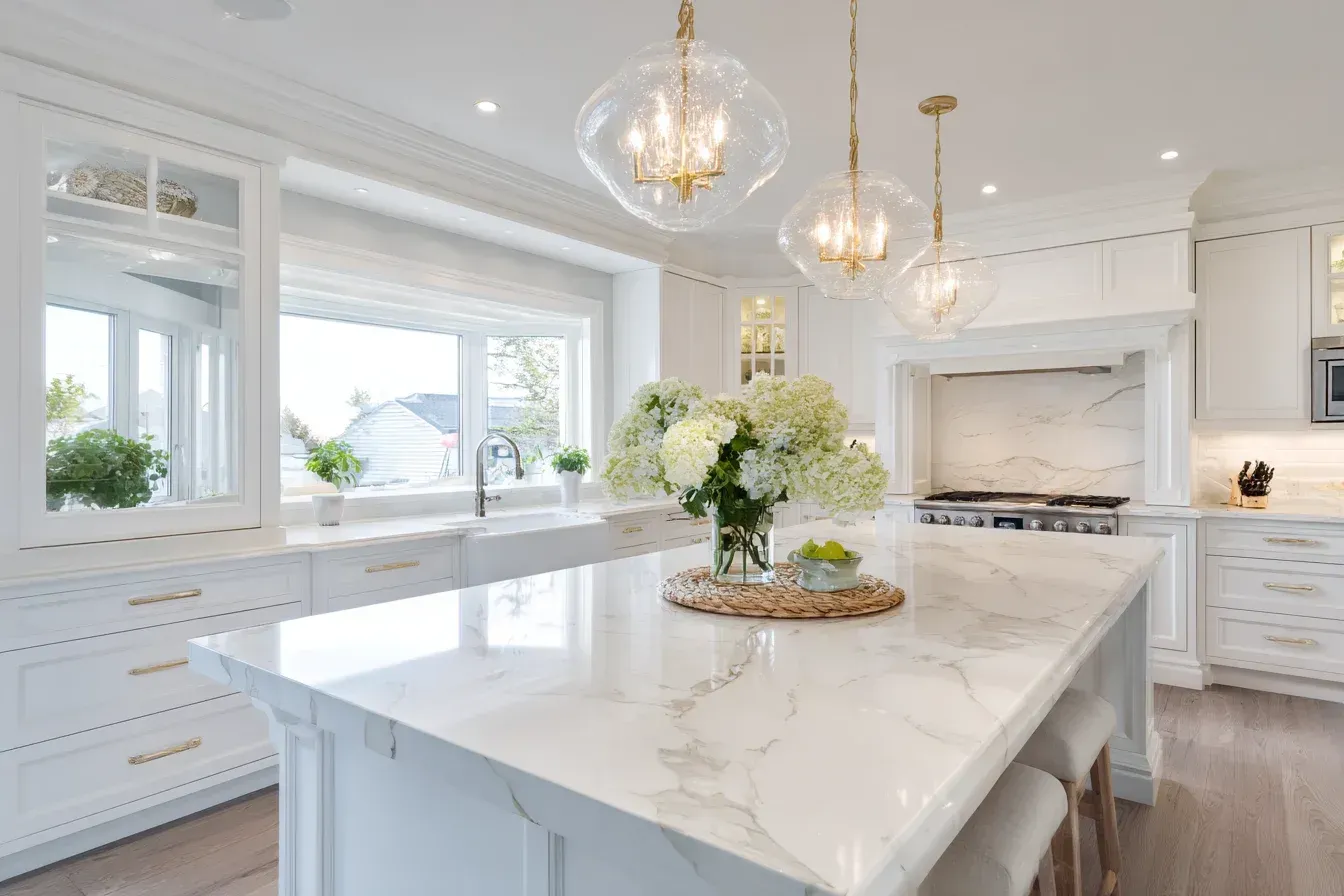 Kitchen renovation design-build company Burnaby British Columbia featuring marble backsplash, pendant lighting, and modern faucet systems. Design experts in Burnaby optimize space, storage, and layout flow.
