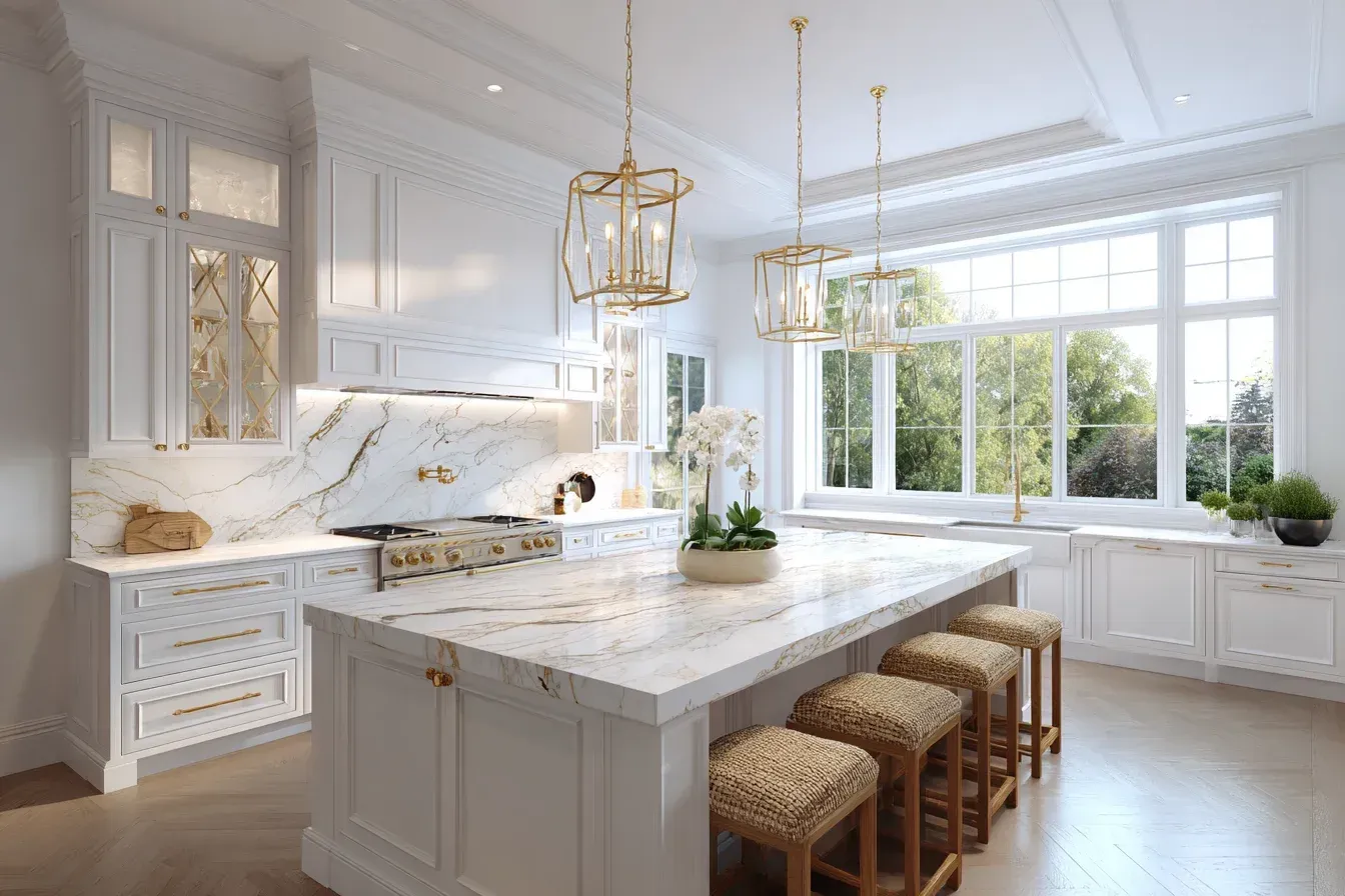 High-end kitchen renovation Burnaby BC | Kitchen redesign Burnaby Canada | Quartz backsplash and flooring British Columbia featuring brass fixtures, pendant lights, and porcelain surfaces. Perfect for upscale Burnaby condos.