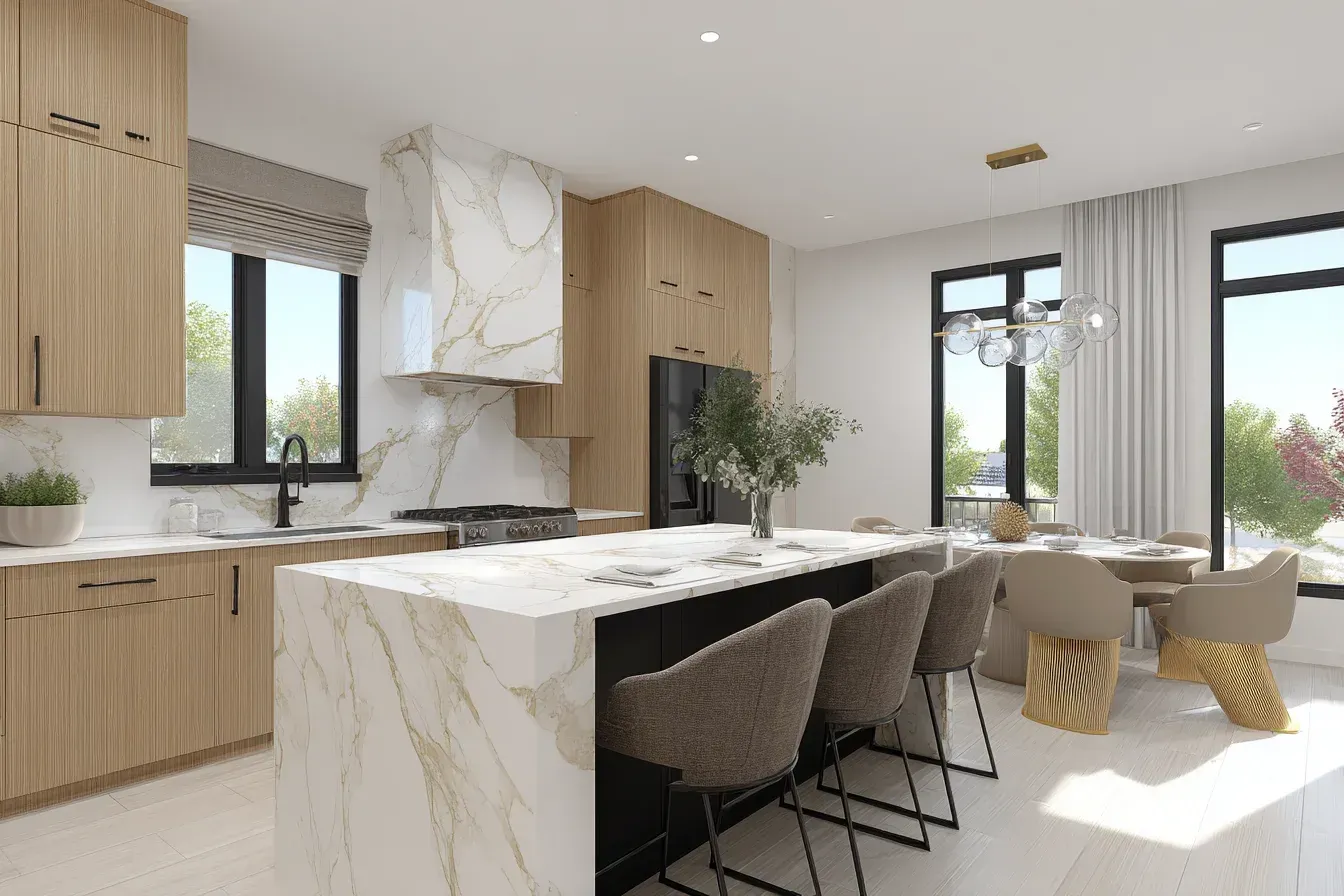 Modern-classic kitchen renovation Burnaby BC | Kitchen remodeling Burnaby Canada | Quartz and granite refacing British Columbia with shaker cabinets, LED panels, and engineered oak floors. Every Burnaby remodel balances warmth and modernism.