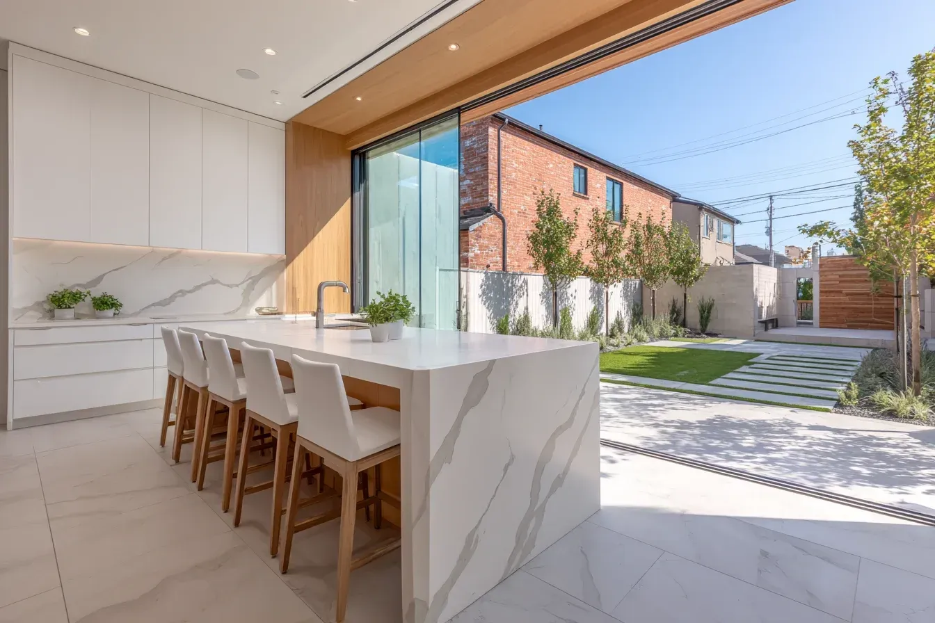 Custom millwork kitchen renovation Burnaby British Columbia featuring walnut cabinetry, marble backsplash, and premium gold hardware. Design-build professionals achieve exact precision in every detail. Burnaby’s elite homeowners trust these experts for durability and design excellence.