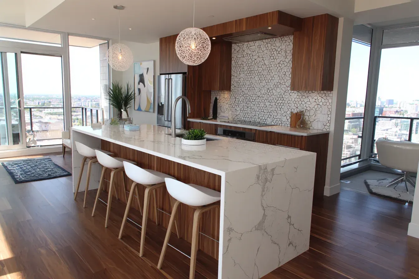 Luxury kitchen renovation Burnaby Canada highlighting high-gloss lacquer cabinetry, quartzite surfaces, and smart lighting networks. Builders ensure seamless flow between dining and kitchen spaces. Perfectly suited for luxury condos and detached homes alike.