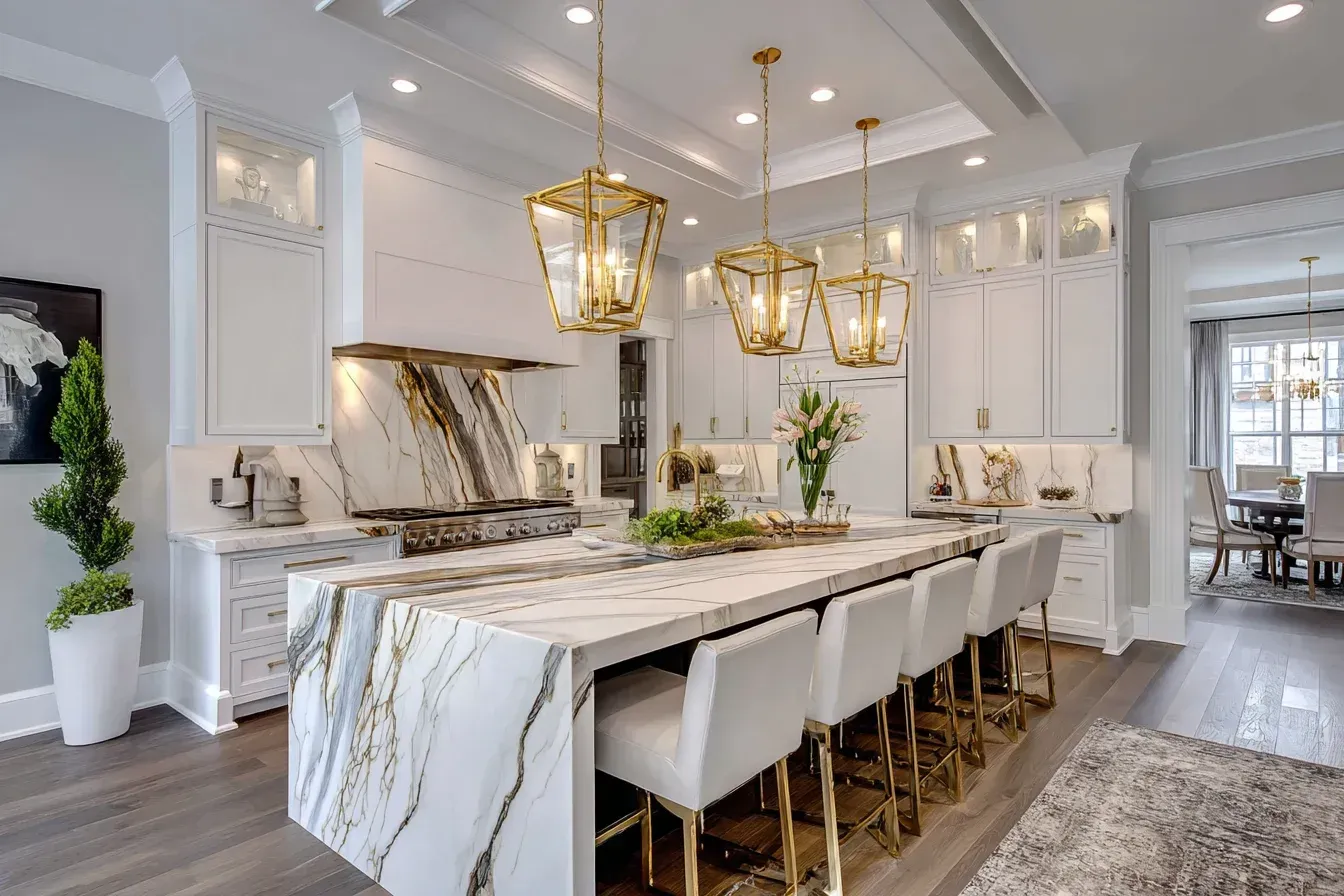 Premium kitchen renovation Burnaby BC showcasing Cambria stone tops, built-in storage, and accent lighting. Burnaby contractors deliver turnkey solutions for condos and detached homes alike.