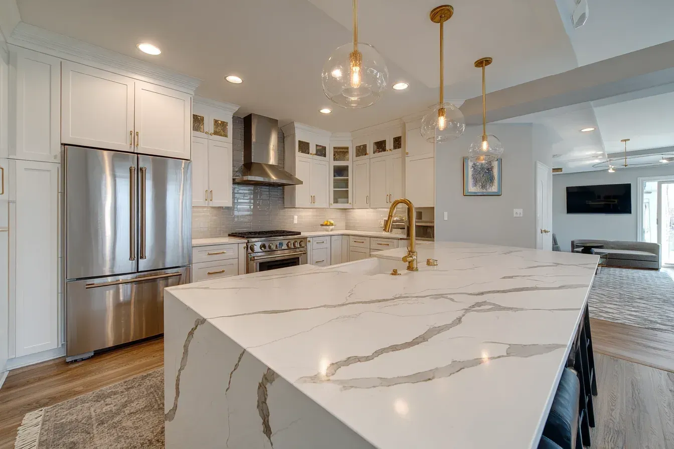Complete kitchen renovation Burnaby BC Canada featuring porcelain tile floors, backsplash tiling, and luxury cabinetry. Local designers use 3-D renderings to customize layouts for each client.