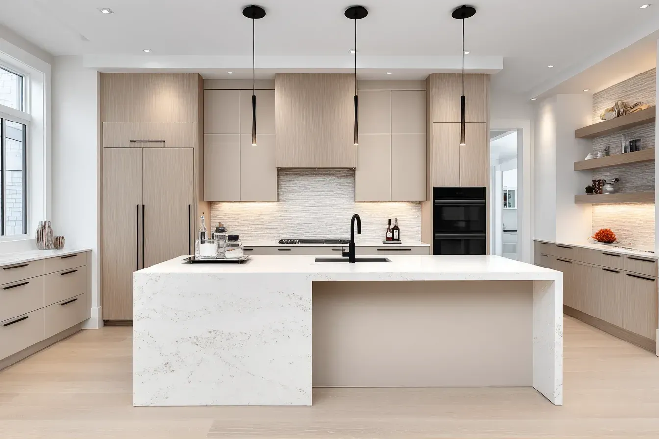 Premium kitchen remodel Burnaby British Columbia combining granite countertops, matte-black fixtures, and European lighting design. Local Brentwood contractors manage electrical, flooring, and cabinetry with attention to detail. This renovation blends functionality with high-end aesthetics.