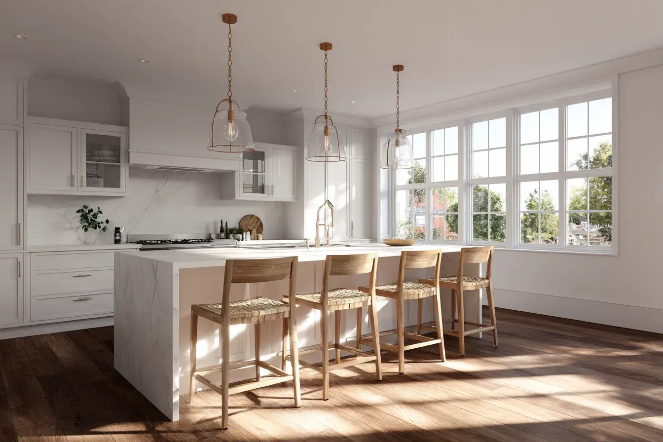 Elegant kitchen remodel Burnaby BC featuring full-height cabinetry, glass display shelves, and built-in smart appliances. Deer Lake builders balance aesthetics and energy efficiency for high-value properties.