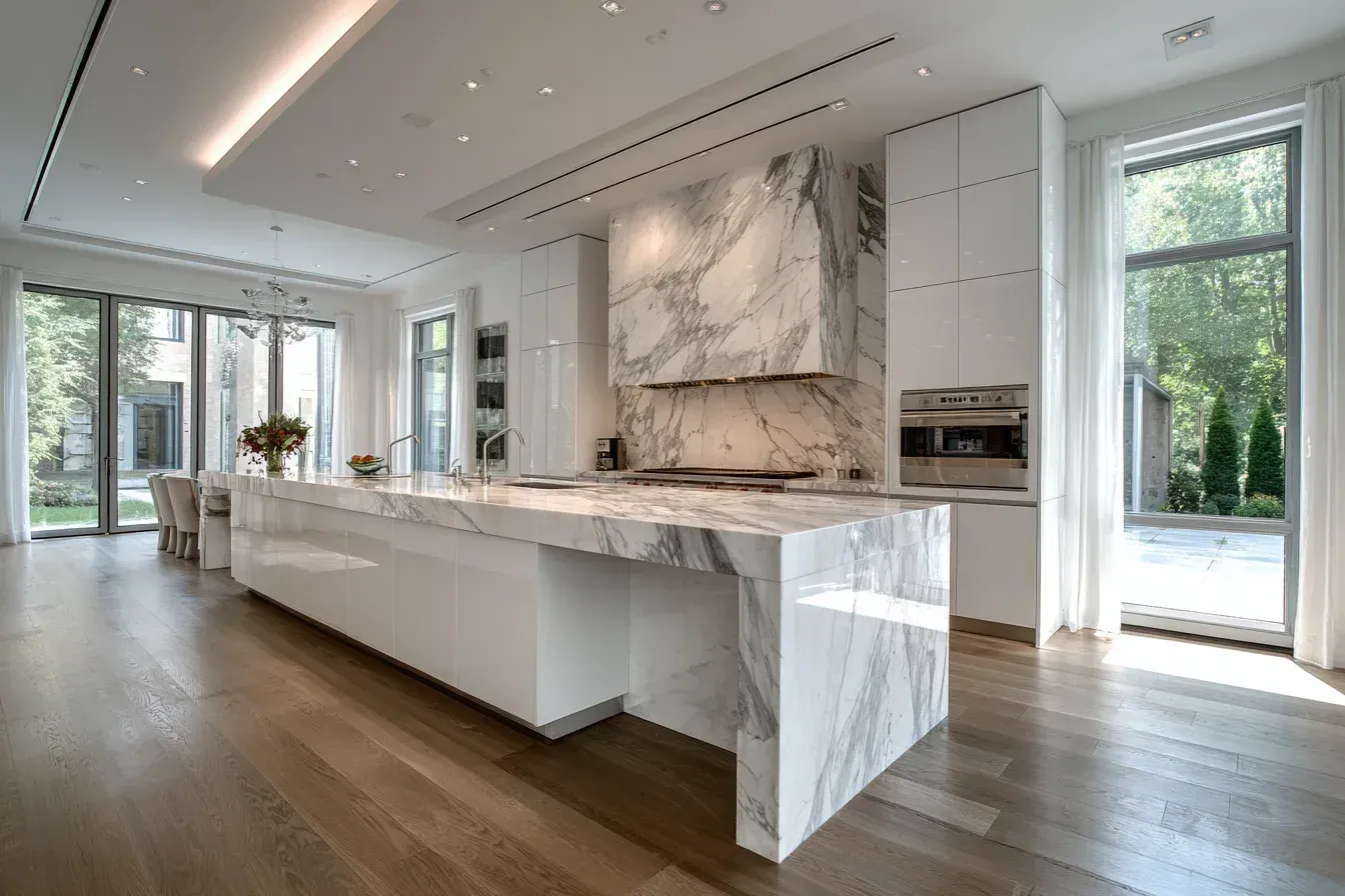 Kitchen redesign Burnaby British Columbia with waterfall island, integrated appliances, and recessed ceiling lighting. Builders source materials from local suppliers like Home Hardware and HanStone Canada.