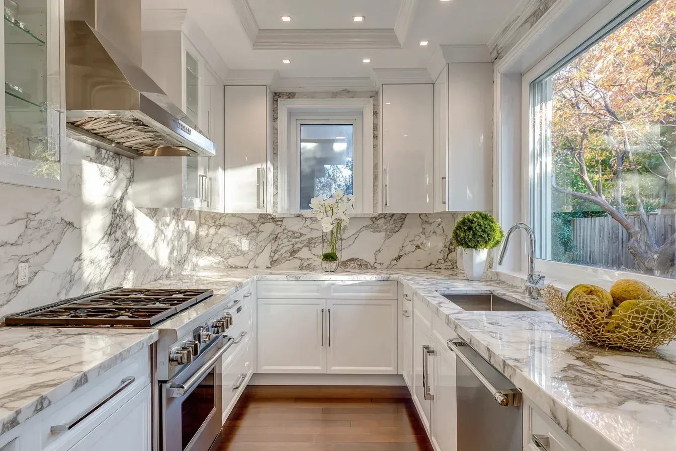 Kitchen renovation Burnaby Canada featuring open-concept island, waterfall edges, and high-gloss cabinetry. Renovation teams deliver modern luxury backed by technical precision.