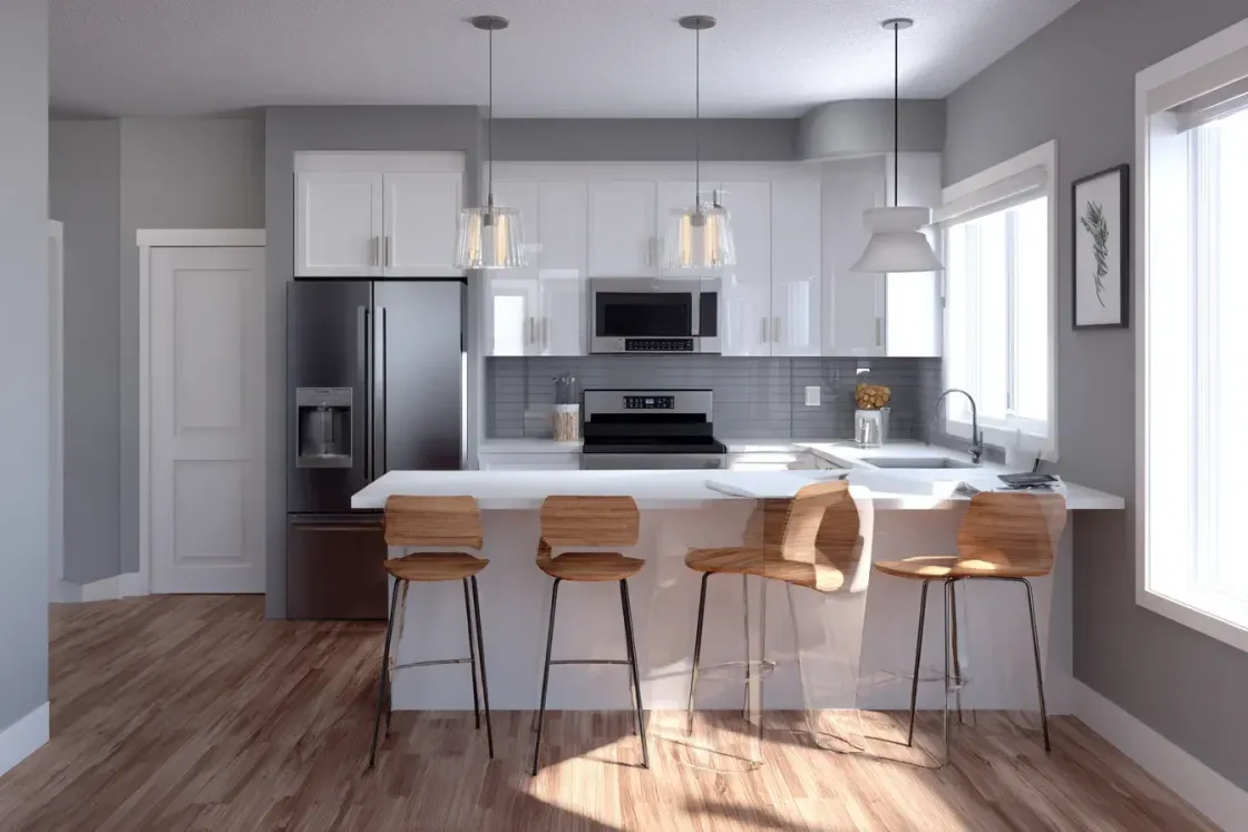 Eco-luxury kitchen renovation Burnaby BC | Sustainable kitchen remodel Burnaby Canada | Quartz surface installation British Columbia featuring renewable cabinet wood, stone backsplash, and LED fixtures. Perfect for green homes in Deer Lake and Capitol Hill.