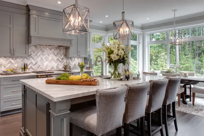 Elegant kitchen refacing Burnaby BC upgrading cabinet doors, hardware, and countertops. Renovation teams refresh aging kitchens with clean modern lines and enhanced lighting.