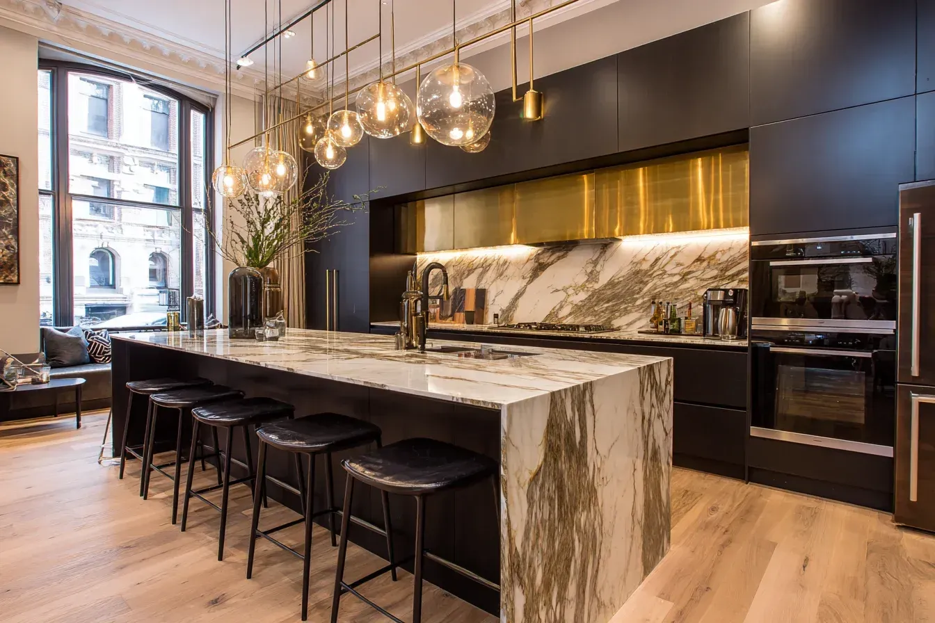 Kitchen renovation Burnaby BC project with high-gloss cabinetry, quartz backsplash, and minimalist pendant lights. The Heights contractors emphasize symmetry, lighting quality, and seamless installations.
