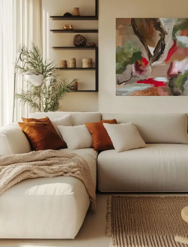 Ook voor abstracte schilderijen op maat kan je terecht bij Sanne Moonen. Dit kunstwerk wordt samen met de kunstenaar helemaal afgestemd op jouw wensen en interieur.
