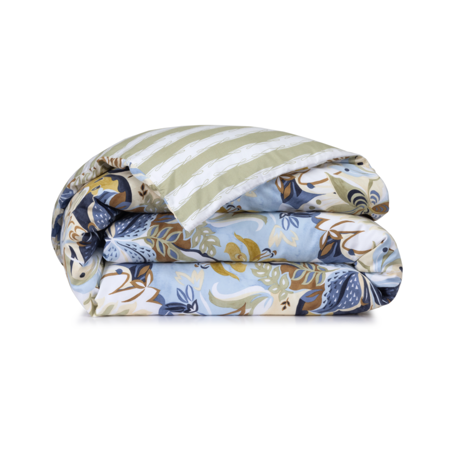Folded duvet with floral and striped patterns; shades of blue, green, and brown.