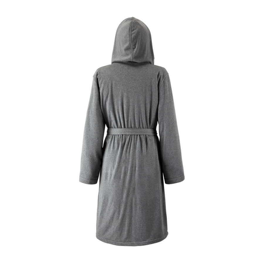 Le dos d'une robe grise à capuche