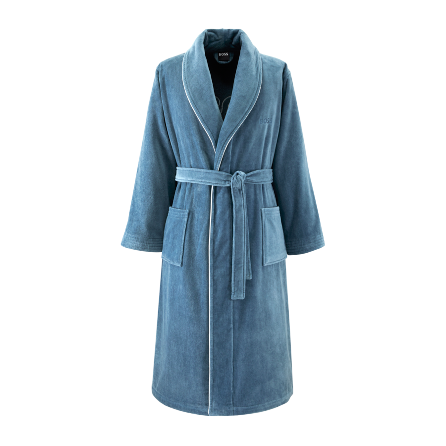 Une robe bleue avec un col châle et une bordure blanche