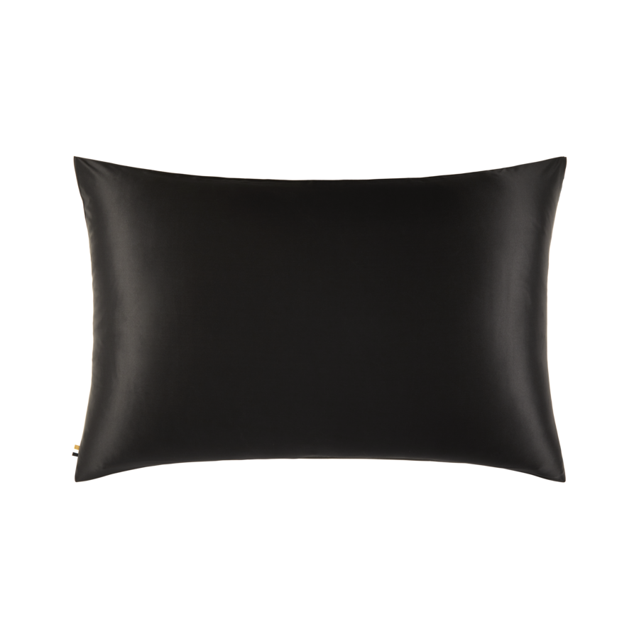 Un oreiller noir sur fond blanc.