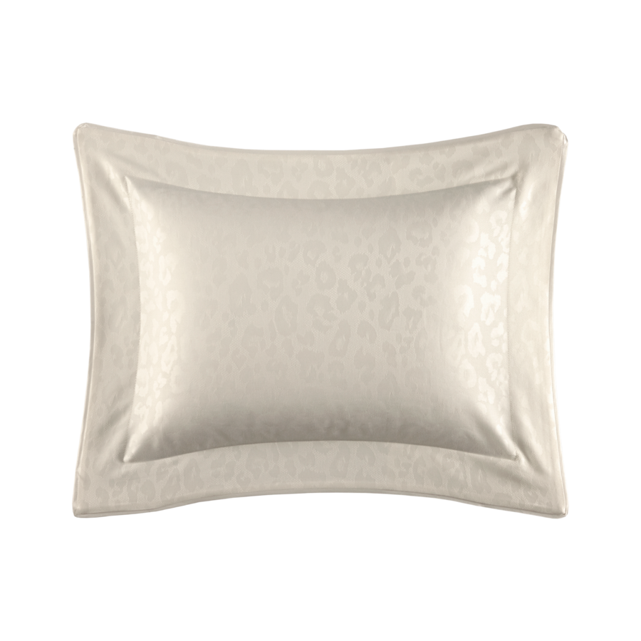 Oreiller beige à motif sur le devant et à bordure.