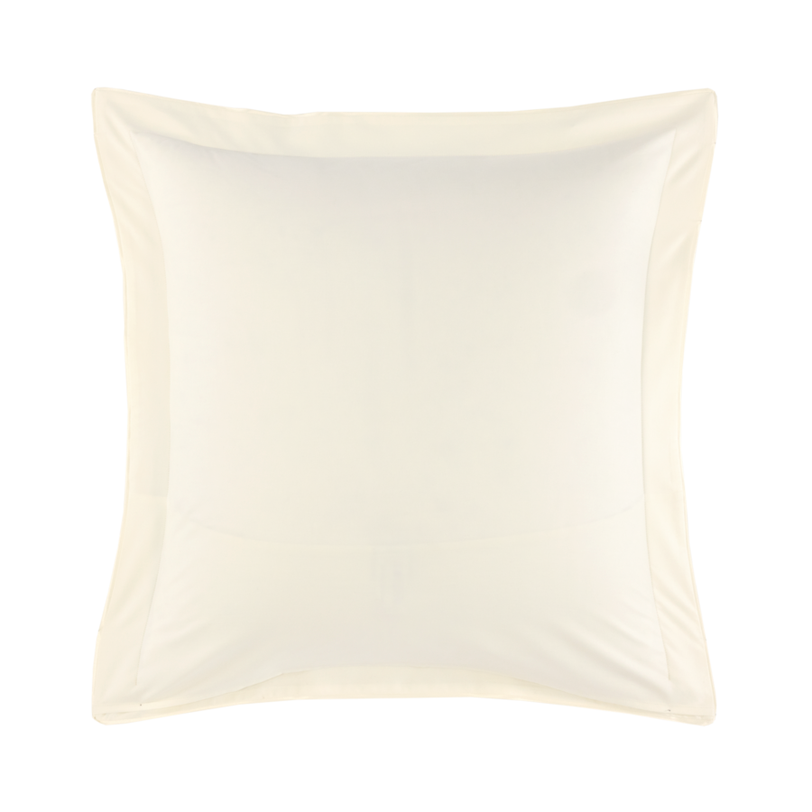 Coussin carré couleur crème avec une bordure à volants sur fond blanc.