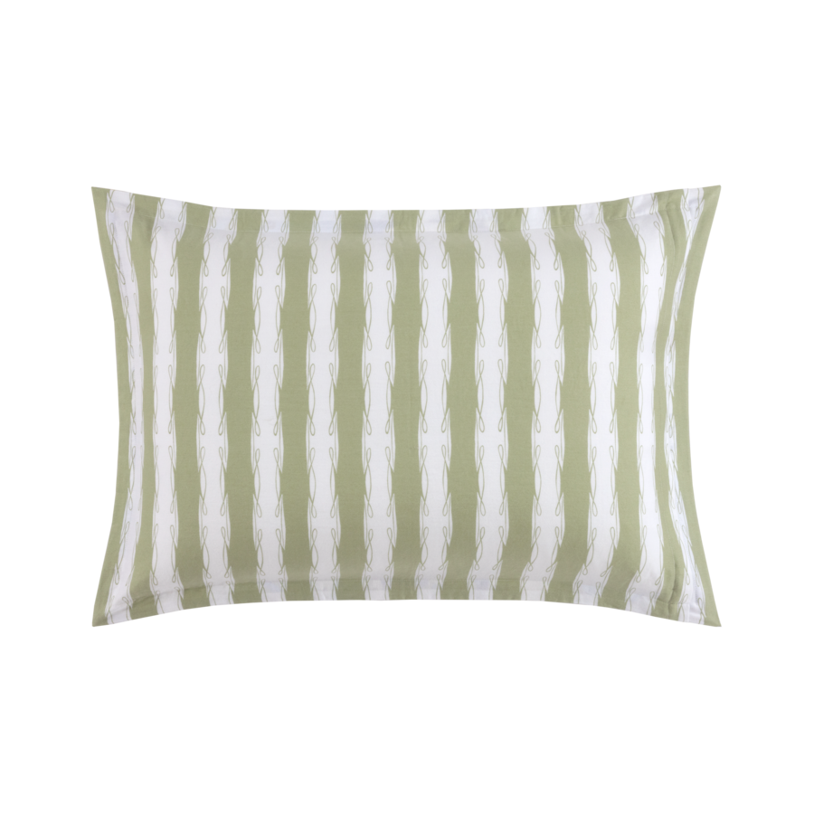 Taie d'oreiller à rayures vert clair et blanches.