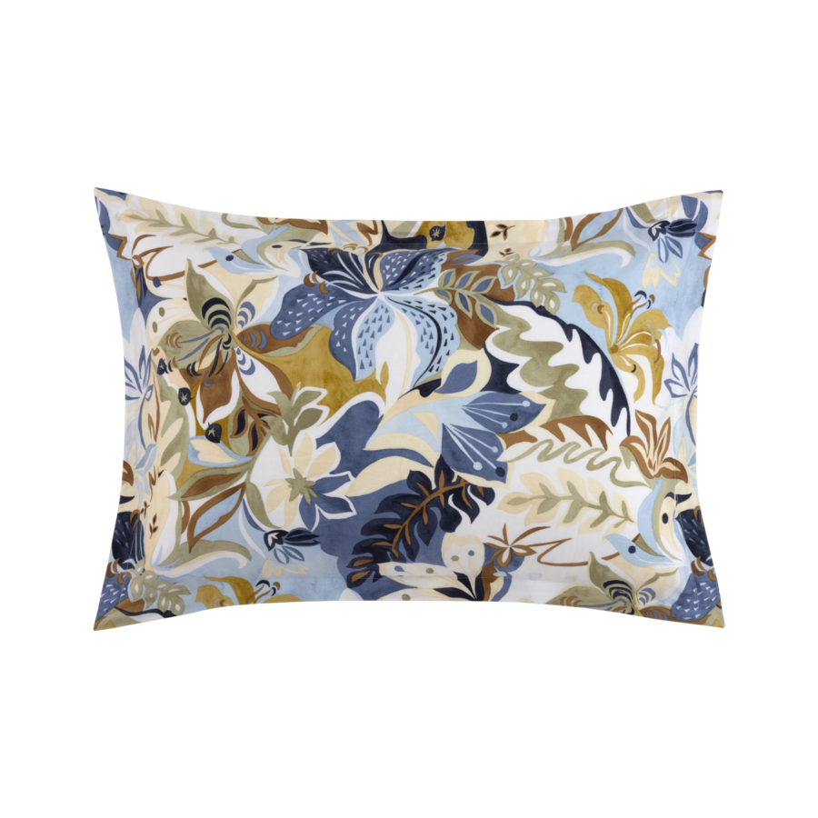 Floral pattern pillow in blue, brown, green, and yellow on a white background.