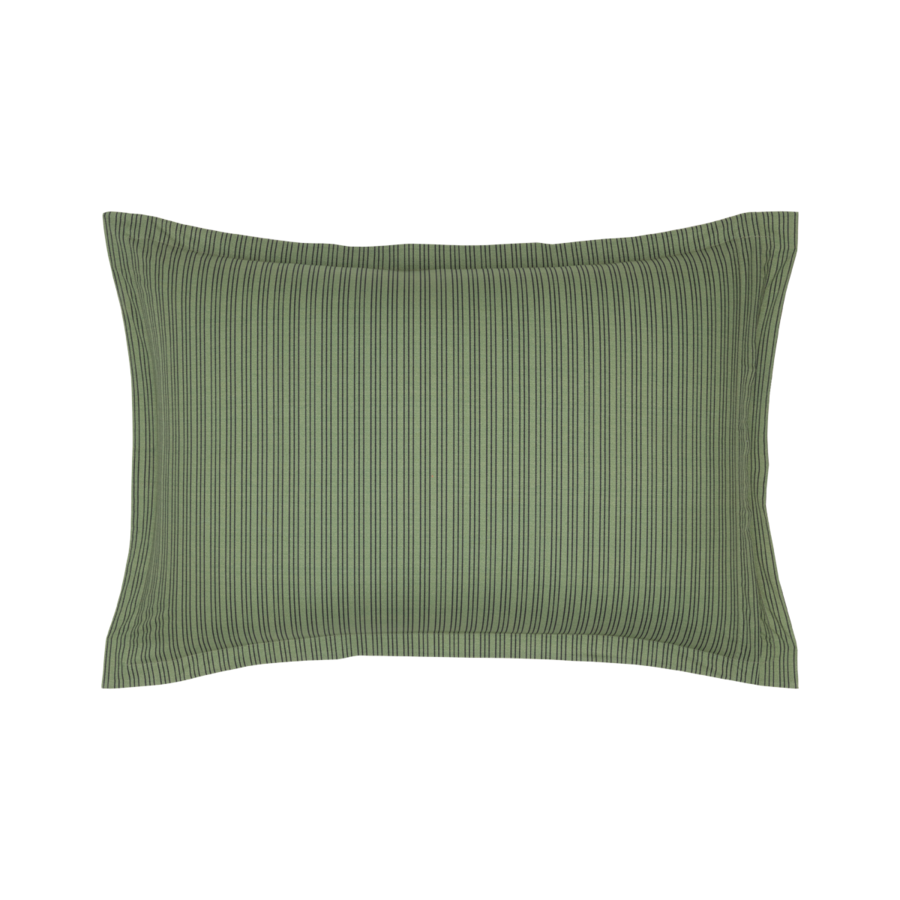 Taie d'oreiller rectangulaire vert sauge à texture plissée verticale.