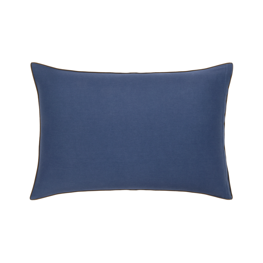 Coussin rectangulaire bleu sur fond blanc.