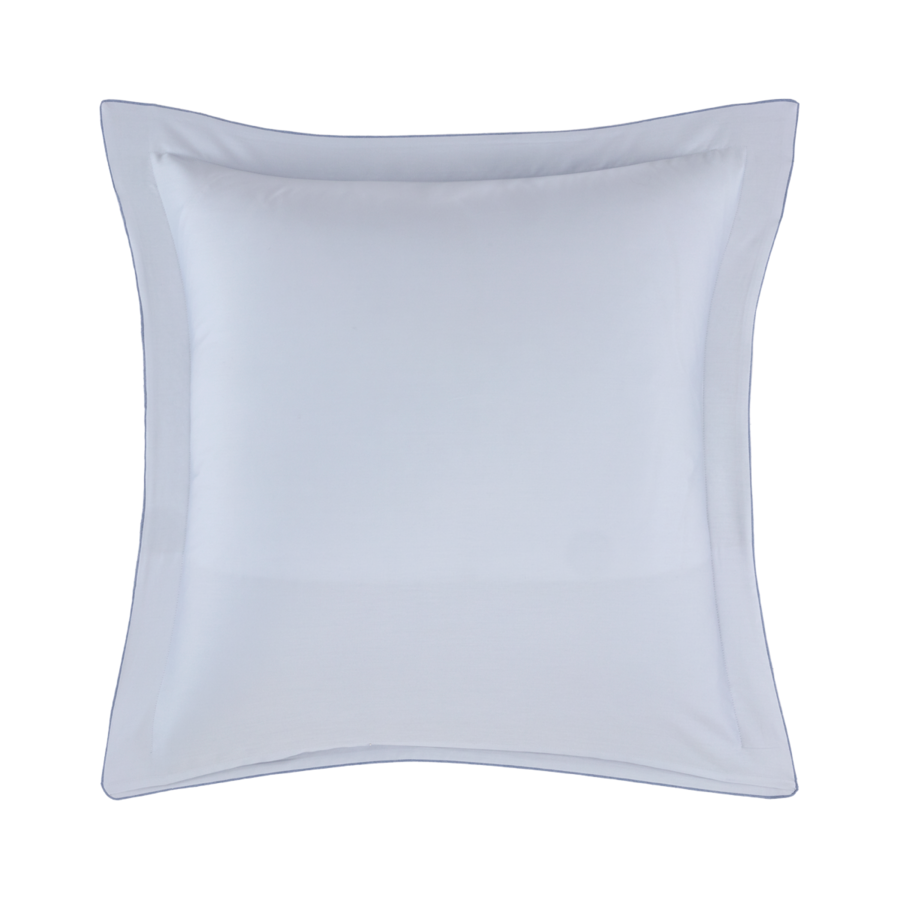 Un coussin carré, uni, bleu clair, avec une bordure décorative.