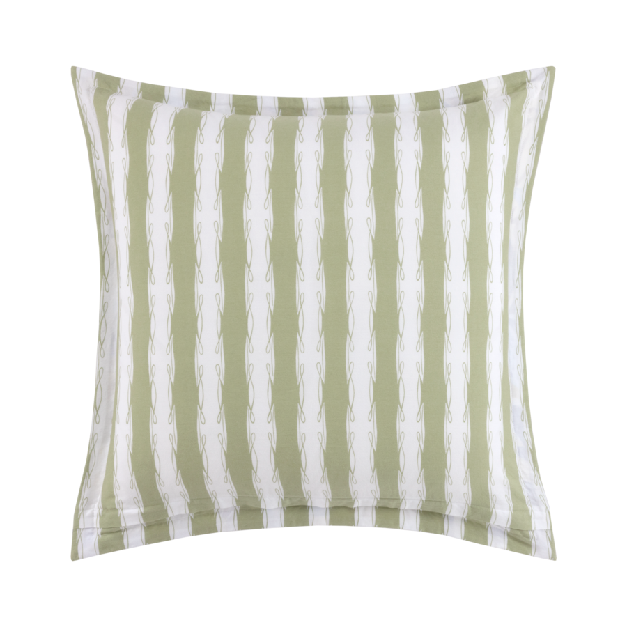 Coussin carré à rayures verticales irrégulières vertes et blanches.