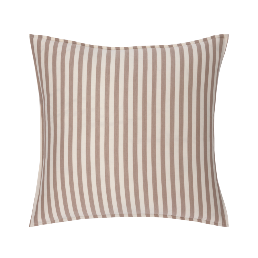 Coussin carré à rayures verticales beiges et marron clair.