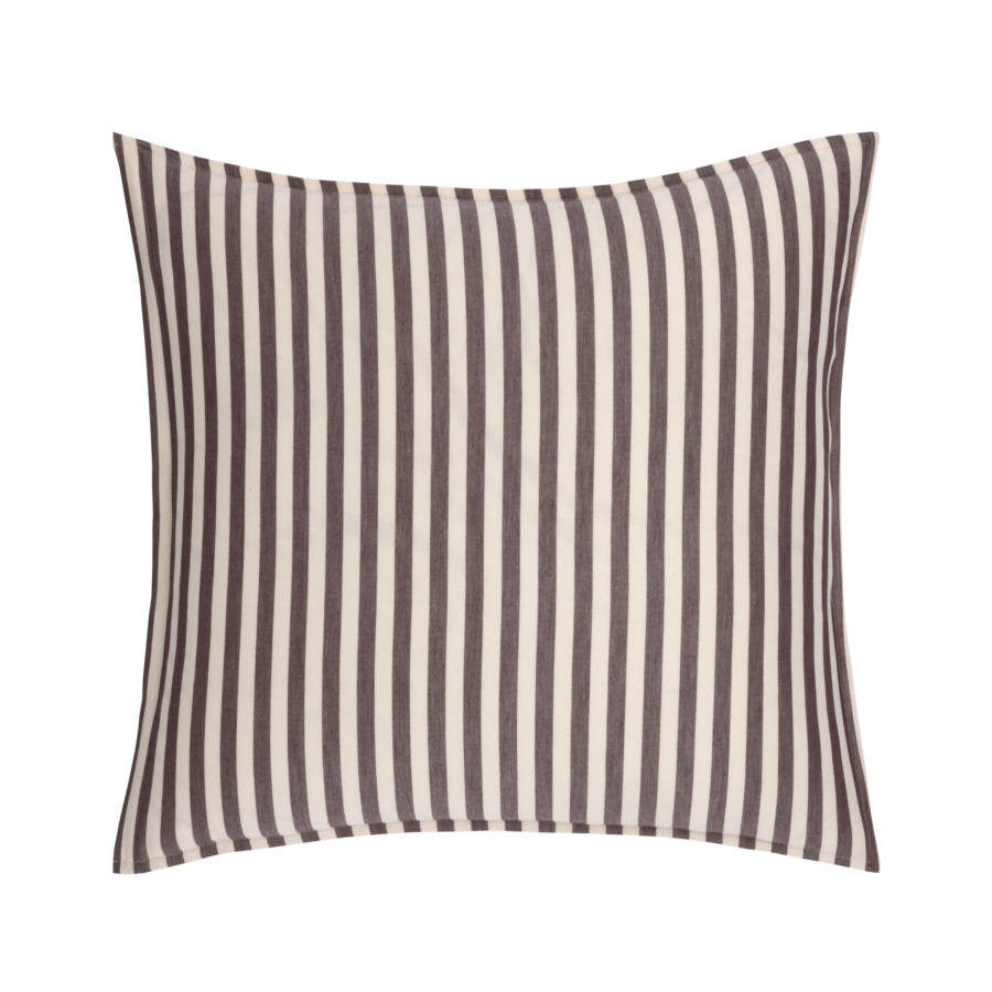 Coussin carré à rayures verticales marron et crème.