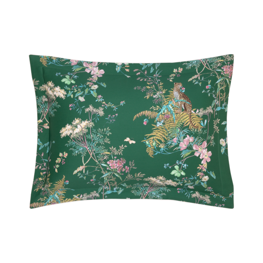 Taie d'oreiller verte à motifs floraux et d'oiseaux.