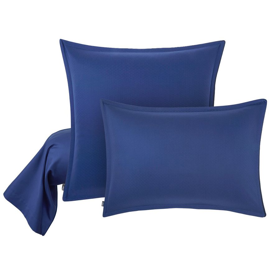 Deux oreillers bleus sont assis l'un à côté de l'autre sur un fond blanc