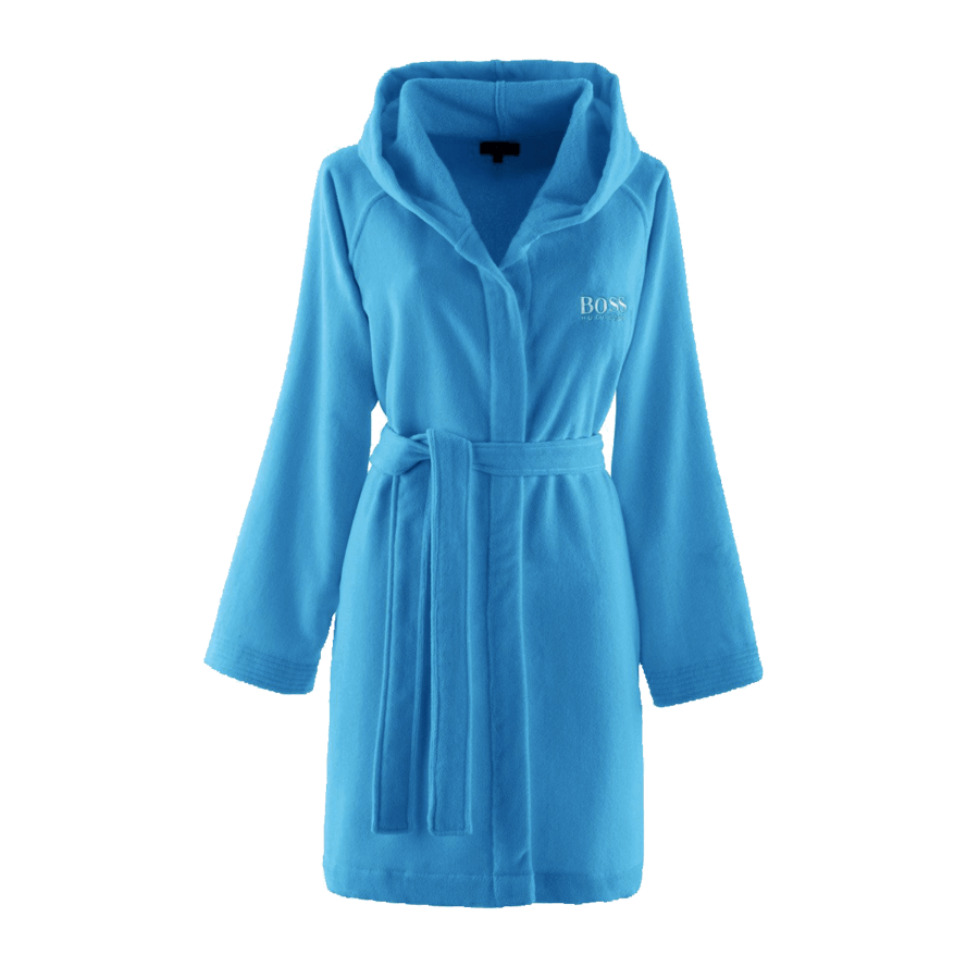 Une robe bleue avec une capuche et le mot boss dessus